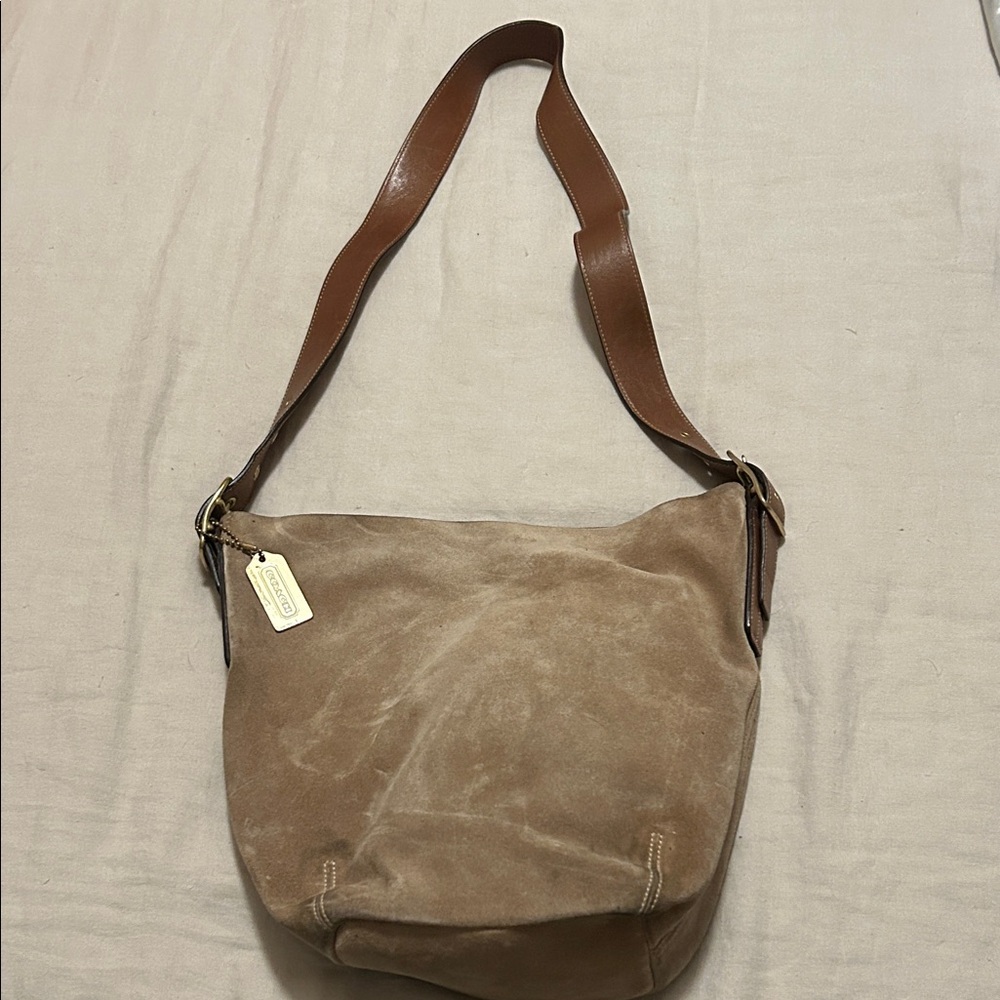 Coach Brown Suede Bag with Gold Tag
